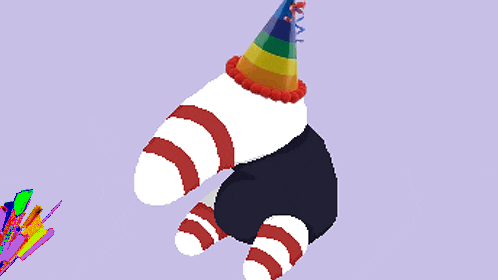 a pixel art of a person wearing a rainbow party hat