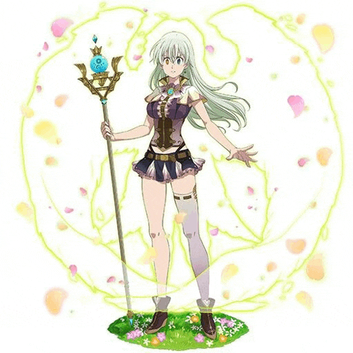 elizabeth from the seven deadly sins is holding a staff and standing in a field of flowers .
