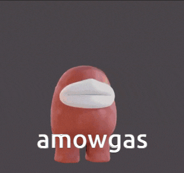 a red among us character with a white mouth and the words amowgas written on it