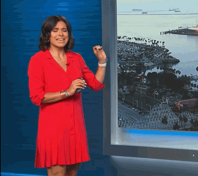 a woman in a red dress stands in front of a picture of a harbor