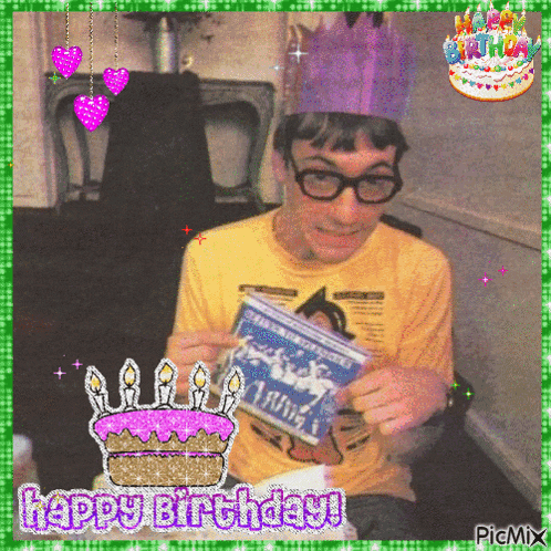 a picture of a man wearing glasses and a birthday hat with the words happy birthday
