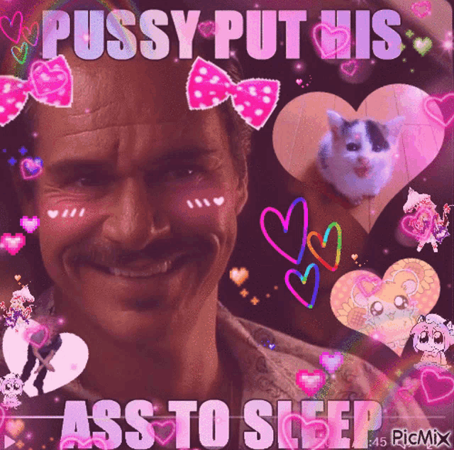 a picture of a man and a cat with the words pussy put his ass to sleep