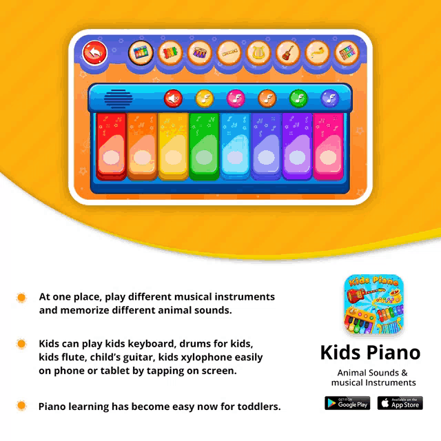 an advertisement for kids piano shows a colorful keyboard with different musical instruments