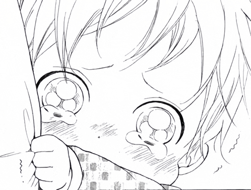 a black and white drawing of a baby peeking out from behind something