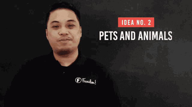 a man stands in front of a blackboard that says idea no 2 pets and animals