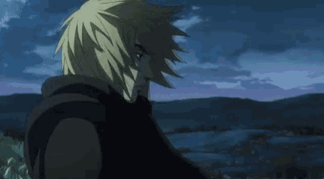 a man with blonde hair is standing in front of a landscape at night .