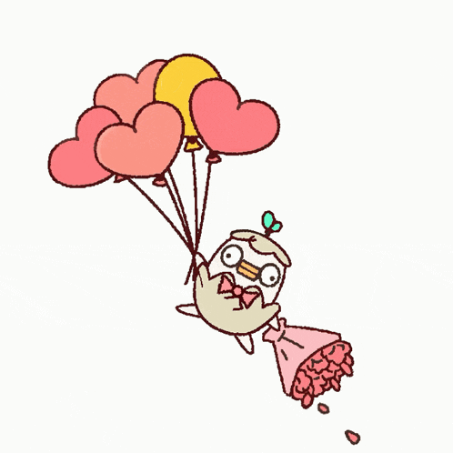a cartoon character is flying through the air holding balloons in the shape of hearts