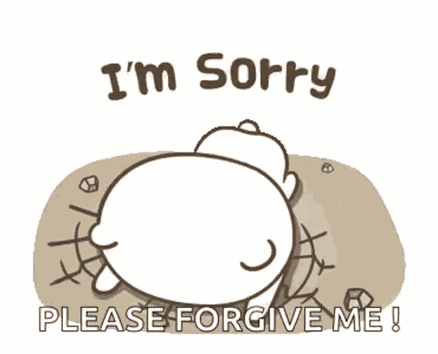 a cartoon bear is sitting on top of a pile of rocks and asking for forgiveness .