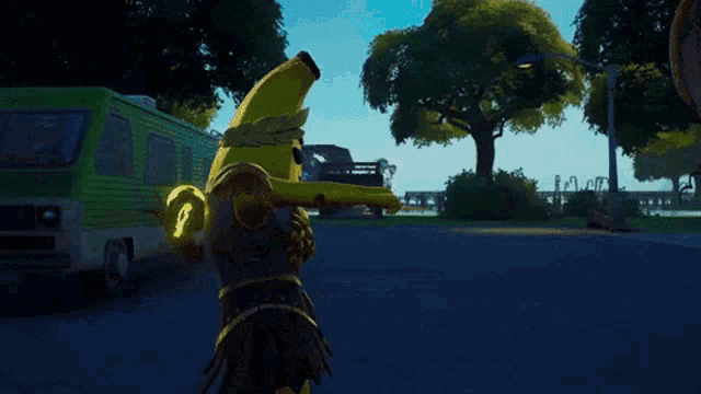 a yellow cartoon character is standing on a street with a green van in the background