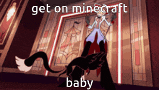 a cartoon character is standing in front of a door with the words get on minecraft baby