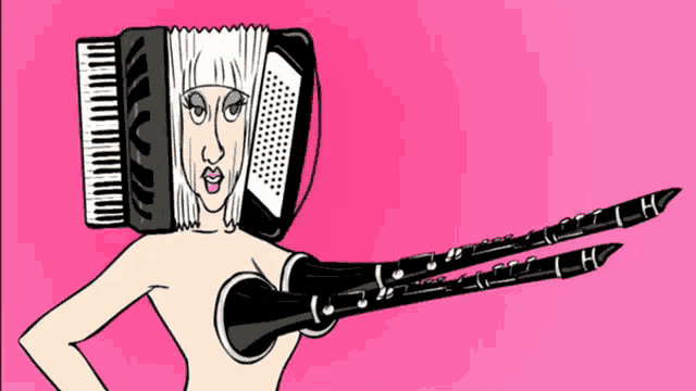 a cartoon drawing of a woman with an accordion on her head