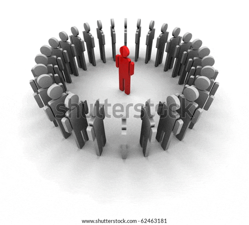 a group of people are standing in a circle with a red figure in the middle