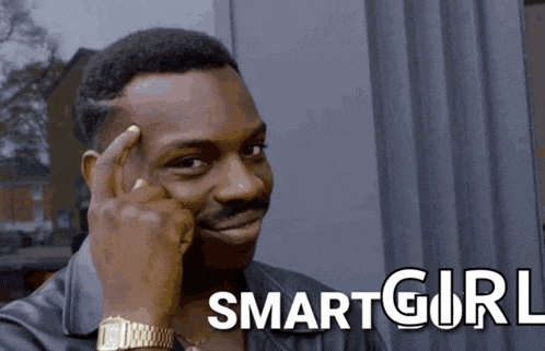 a man has his finger on his forehead in front of a smart girl logo