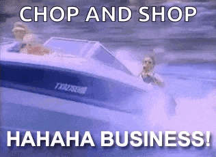 a man is driving a boat on a lake with the words chop and shop .