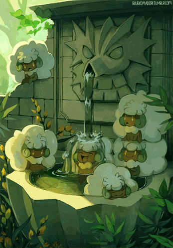 a group of sheep sitting around a fountain with the website bluekomador.tumblr.com written on the bottom