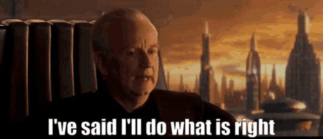 a man is sitting in front of a futuristic city and says i 've said i 'll do what is right .