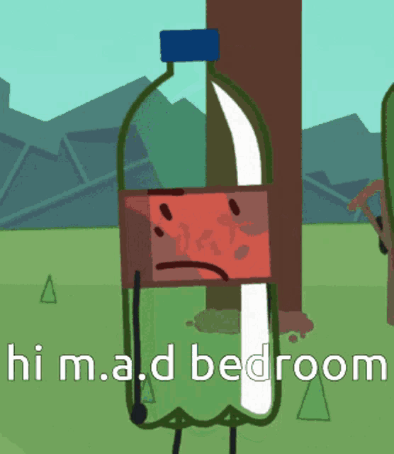 a cartoon drawing of a soda bottle with the words " him.a.d bedroom " on the bottom