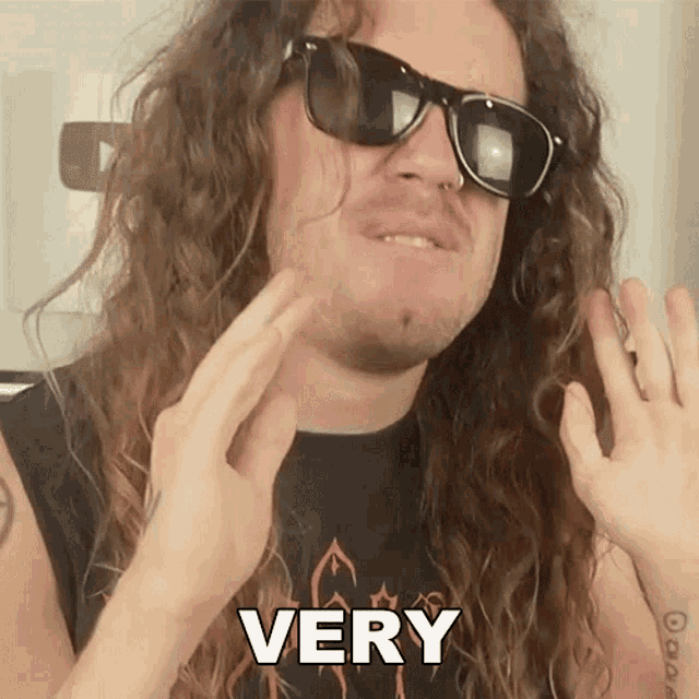 a man with long curly hair wearing sunglasses and a black shirt says very