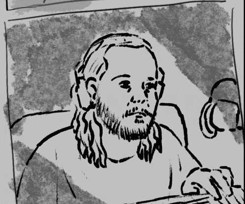 a black and white drawing of a man with a beard and long hair