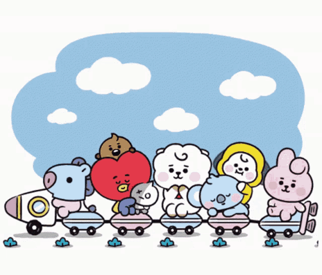a bunch of stuffed animals are sitting on a train with the number 10 on the side