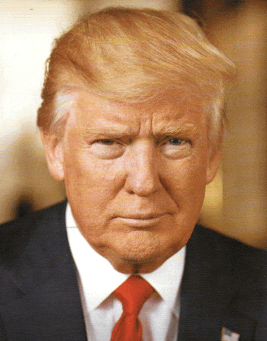 a close up of donald trump 's face with a serious look on his face