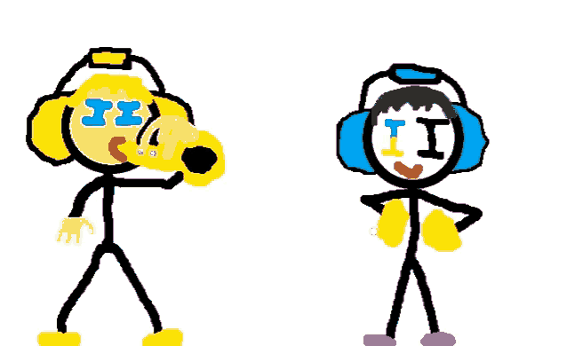a drawing of two stick figures one wearing headphones with the letter i on his face