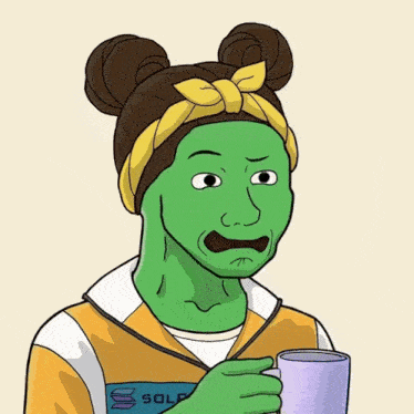 a cartoon of a woman holding a cup with the word solp on her shirt