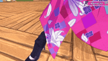 a video game character is wearing a pink and purple floral dress