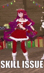 a girl in a santa outfit is standing in front of christmas presents and a sign that says skill issue