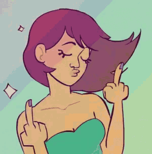 a cartoon drawing of a woman with purple nails giving the middle finger
