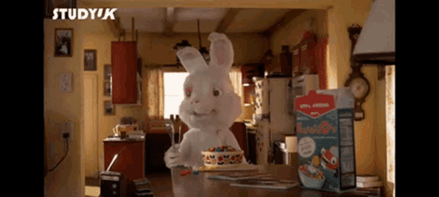 a stuffed bunny is sitting at a table with a box of cereal