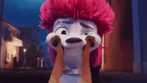 a cartoon dog with pink hair is making a funny face with its paws .