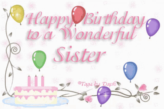 a birthday card for a wonderful sister with a cake and balloons