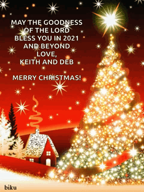 a merry christmas card with a christmas tree in the background