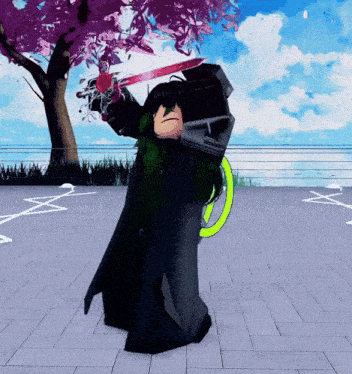 a person holding a sword in front of a tree
