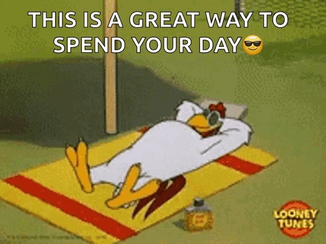 a cartoon of a chicken laying on a beach towel with the words this is a great way to spend your day