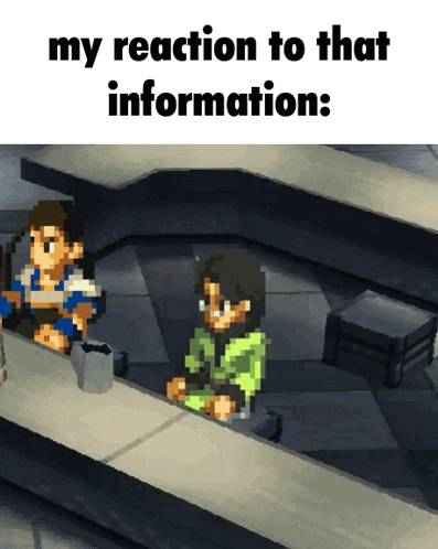 a pixelated image of a man sitting at a counter with the caption " my reaction to that information "