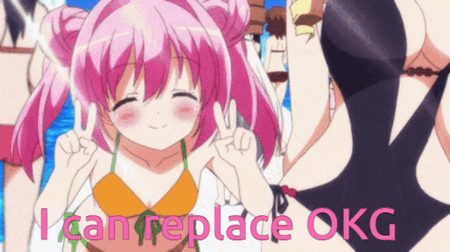 a girl in a bikini with the words i can replace okg