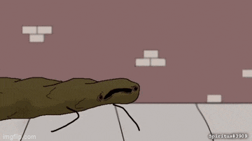 a cartoon of a stick figure walking in a room with a brick wall behind it .