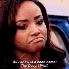 a woman with a sad look on her face says all i know is a code name the desert wolf