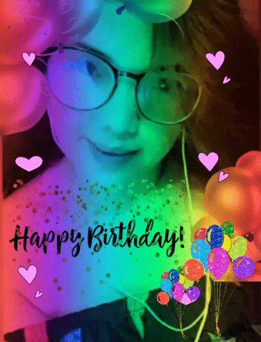 a picture of a woman with balloons and the words happy birthday