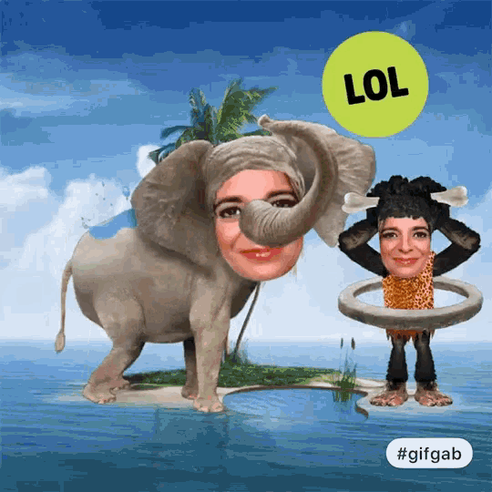 an elephant with a woman 's face on it and a lol sign