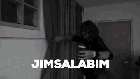 a black and white photo of a person holding a glass and the words jimsalabim written above them