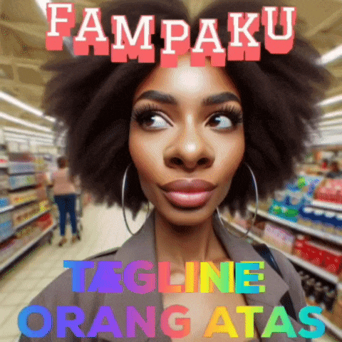 a woman in a grocery store with the words fampaku tagline orang atas
