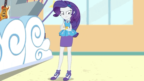 a cartoon of rarity from my little pony equestria girls standing in front of a guitar