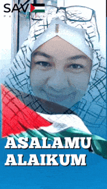a picture of a woman with the words " asalamu alaikum " in white letters