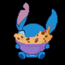 a pixel art of stitch with a cookie in his mouth