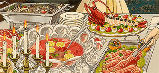 a buffet table with a lot of food on it and candles .