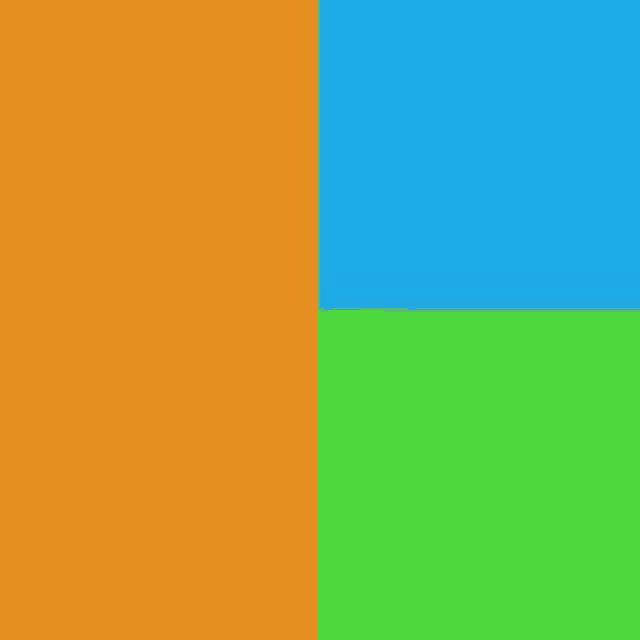 four squares of different colors , orange , blue , green and white , are arranged in a grid .