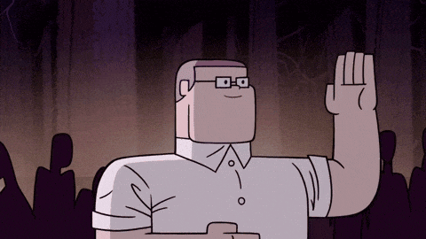 a cartoon man wearing glasses and a white shirt is giving a high five